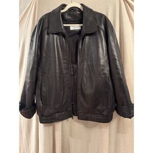 Calvin Klein Black Leather Jacket Zip Front Removable Liner XL Y2K Insulated